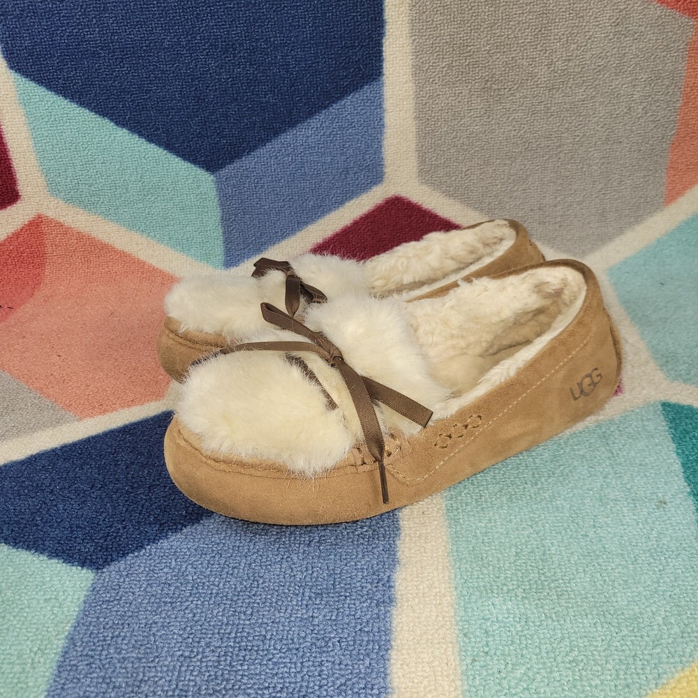 UGG Australia Ansley Shaine Chestnut‎ Suede Fur Lined Moccasin Slippers Womens 9